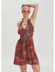 V Neck Halter Neck Red Floral Dress 4544